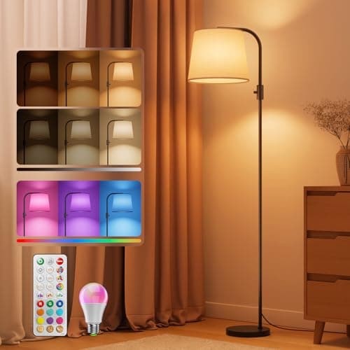 Image of VARICART LED Floor Lamp for Living Room, Arc Dimmable Standing Reading Lamp with 10W RGBCW Color Changing Bulb, Modern Tall Lamps with Linen Lampshade for Bedroom Office Kid Room, Black