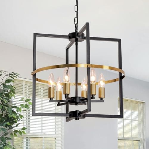 Image of Black and Gold Chandelier for Living Room, 6-Light Modern Industrical Pendant Light Fixture with E14 Dimmable Socket, Adjustable Rustic Geometric Hanging Ceiling light for Kitchen Island, Dining room