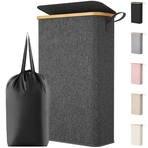 Image of Lifewit 65L Slim Laundry Basket with Lid, Narrow Laundry Bin with Removable Bag & Bamboo Handles, Foldable Thin Dirty Clothes Hamper for Laundry, Bathroom, Bedroom, Dorm (Dark Grey)