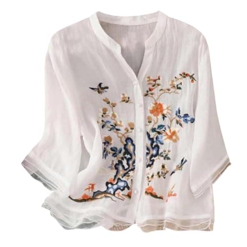 Image of Bohemian Style Delicate Embroidered Blouse for Women Mandarin Collar 3/4 Sleeve Top with Button Front Design for Vacation and Daily Life (White, XXL)