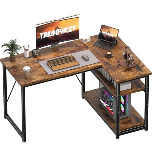Image of TRIUMPHKEY 120 * 80cm L Shaped Computer Desk with Reversible Large Storage Shelves, Corner Desk Computer Workstation Matching Under Desk Height Adjustable Storage, Home Office Work Table Brown