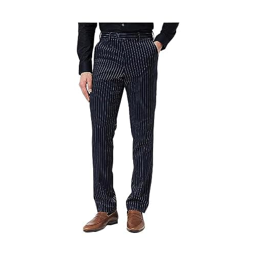 Image of Xposed Men’s White Pinstripe on Navy Suit Trousers Tailored Fit Flat Front Dress Pants [TRS-ALFRED-NAVY-38]