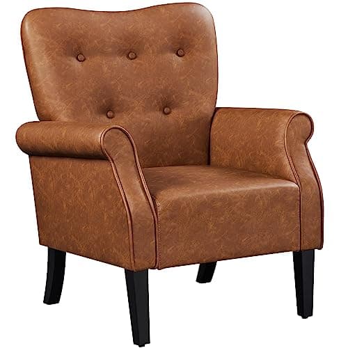Image of Yaheetech Modern Tub Chair, Mid-Century PU Leather Accent chair Sofa Chair with Soft Padded and High Back for Living Room/Bedroom/Home Office Retro Brown