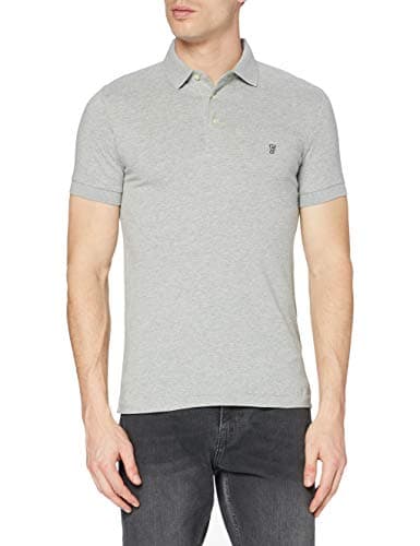 Image of French Connection Men's FC Basic Sneezy Plain Short Sleeve Polo Shirt, Grey (Grey Mel/Marine Blue), Small