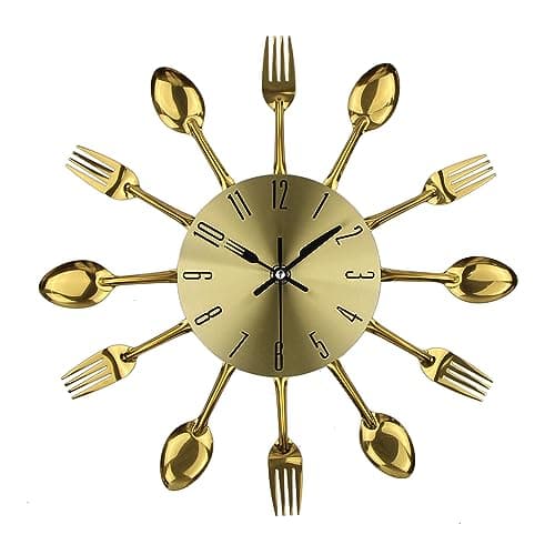 Image of Timelike 3D Removable Modern Creative Cutlery Kitchen Spoon Fork Wall Clock Mirror Wall Decal Wall Sticker Room Home Decoration (Gold)