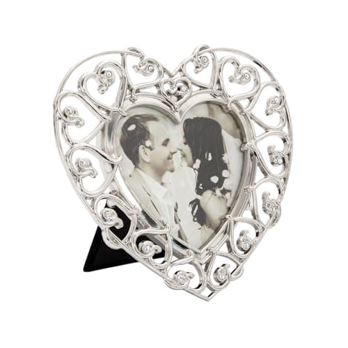 Image of Happy Homewares Heart Themed 4x4 Silver Picture Frame with Small Diamante Crystals | Freestanding Only | For Wedding Anniversary or Engagement