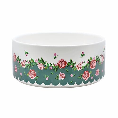 Image of Cath Kidston Ceramic Large Dog Bowl (1.4L), Dishwasher Safe Food & Water Bowl for Dogs, Naturally Weighted, Dolly Rose Floral Design | 18.5cm Diameter