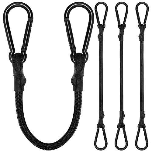 Image of Rugtol Bungee Cords with Carabiner Clips, 4 Pack Long Heavy Duty Carabiner Bungee Cord 12Inch, Extra Strong Black Bungee Straps with Carabiner Hooks for Camping, Tarps, Bike Rack, Tent, Car