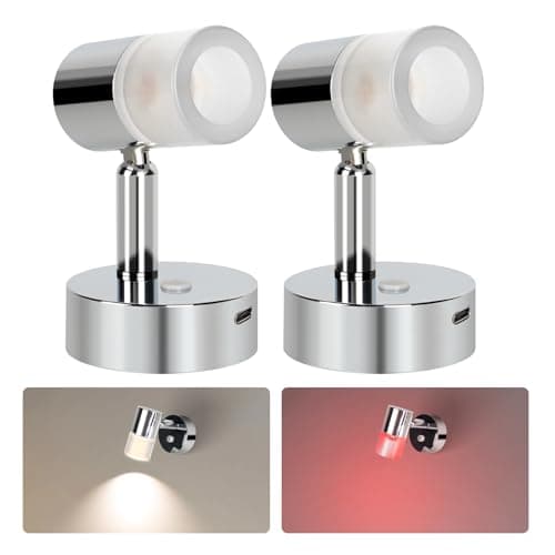Image of acegoo 12V Reading Light Campervan 3200K/Red Night Light Built-in Type-C Charger, Aluminum Dimmable Swivel LED Wall Lamp for Caravan Boat Motorhome, DC 12-24V Chrome 2PCS