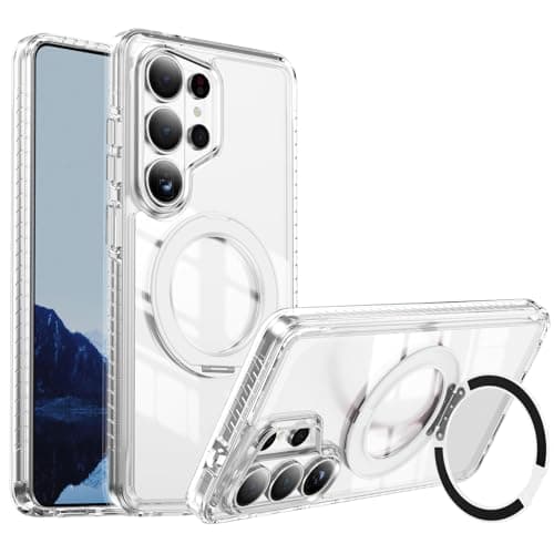 Image of DZXUNING Case for Samsung Galaxy S26 Ultra, 360° Invisible Rotating Stand, Compatible with MagSafe, Ultra-Thin Transparent Protective Case, Shockproof Magnetic Cover, Case for Galaxy S26 Ultra, White