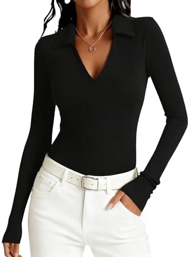 Image of Dressmine Long Sleeve Gym Tops Women Activewear Polo Bodycon Shirts Basic Clothing V Neck Jummpers Workout Cream Tops Size 18