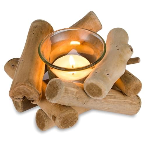 Image of Sziqiqi Rustic Wooden Tea Light Candle Holders with Glass Cup Driftwood Votive Tealight Holder for Farmhouse Wedding Centrepieces Living Room Coffee Table Home Decorations