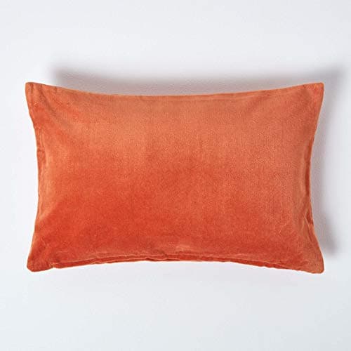 Image of HOMESCAPES Burnt Orange Velvet Cushion Cover Super Soft Cotton Velvet Luxury Scatter Cushion Rectangle Plain Accent Throw Pillow for Sofa and Bed Decoration with Hidden Zipper, 30 x 50 cm