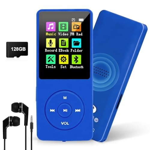 Image of 128GB MP3 Player with Bluetooth 5.0, COVVY Portable Digital Music Player with Built-in HD Speaker, FM Radio, E-Book Function, Earphones Included (Dark Blue)