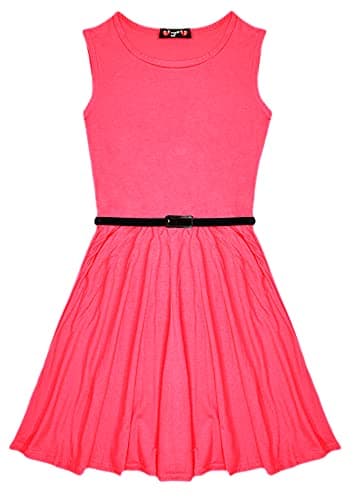 Image of Gum & Berries Girls Plain Retro Skater Dress with Belt Colour: Neon Pink - Size: 13-14 Years