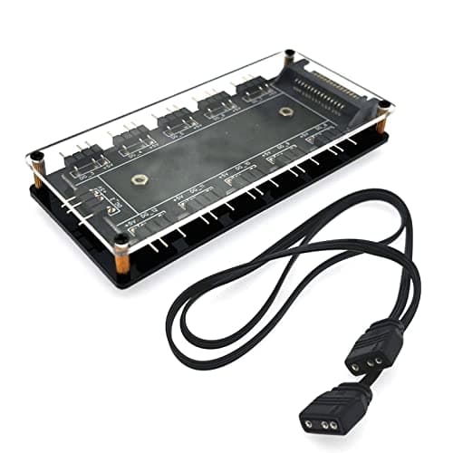 Image of JZK 5V 3Pin ARGB Hub with housing, including extension cable, 5V 3 Pin RGB LED Splitter Hub with SATA/IDE Port, double sided Tape on the back side