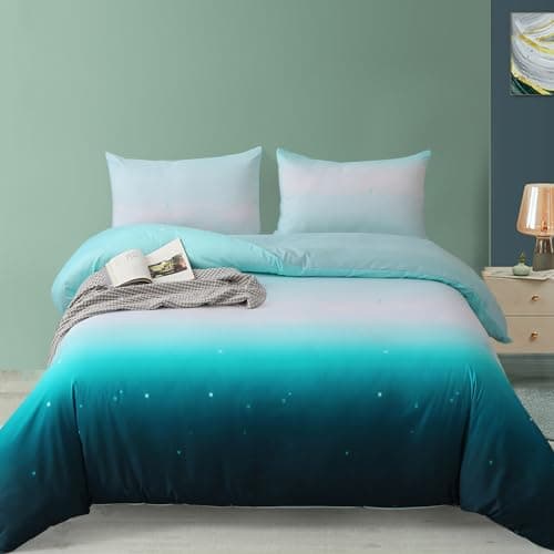 Image of DJY Teal Gradient Bedding Set Star Design Duvet Cover Pillowcases with Zipper Closure for Kids Girls Teens Adults (Single Size 135x200cm)