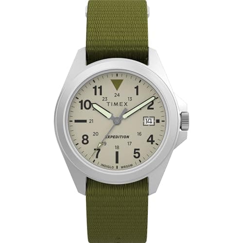 Image of Timex Unisex Expedition Field 36mm Watch - Green Strap Dial Silver-Tone Case, Green/Silver-Tone/Natural, Modern