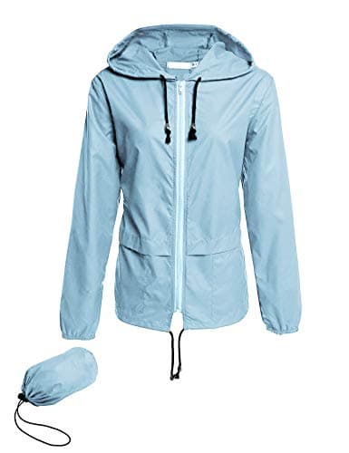 Image of Lomon Lightweight Rain Jacket Waterproof Raincoat Ladies Summer Packable Running Pack Fold Away Hooded Long Sleeve for Women Light Blue XL