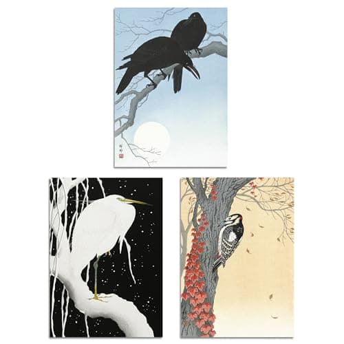 Image of Artery8 Set of 3 Ohara Koson Birds Japanese Nature Beige Blue Wall Art Prints A4 Size Living Room Decor
