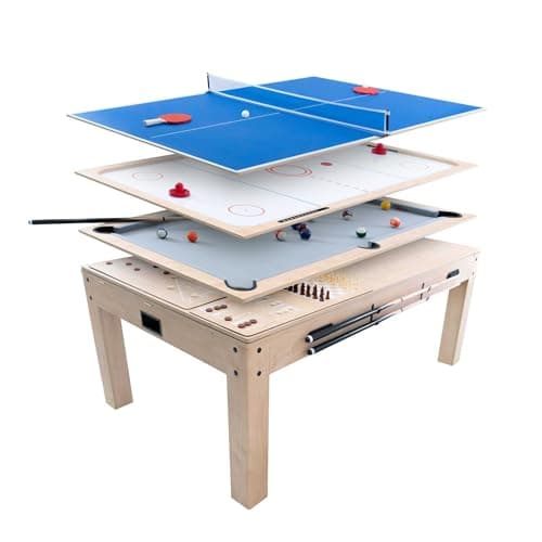 Image of 7 in 1 Games & Dining Table 7ft Oak Wood Pool Table Tennis Air Hockey Chess Backgammon Shuffleboard Multi Sports Game Set Indoor Party Entertainment Home Office Adult Kids Accessories Included