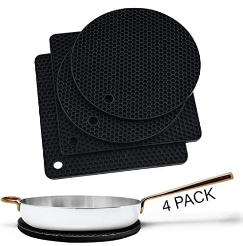 Image of Linda's Essentials Silicone Trivets for Hot Pans and Pots (2 Pack) -Multipurpose Silicone Heat Resistant Mat and Pot Holder Trivet -Heatproof Mats for Kitchen 2 Round 17.7cm + 2 Square 18.5cm-Black
