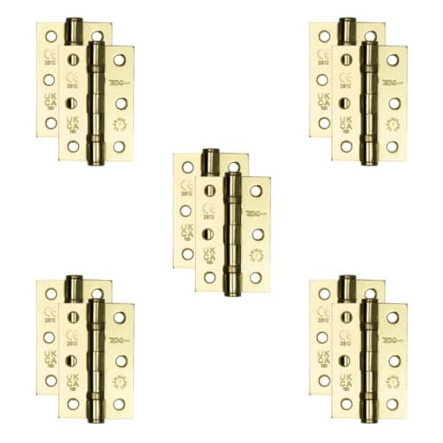 Image of Frelan Jedo Five Pairs Premium Brass 7-Grade Steel Ball Bearing Hinges - 76x50mm Ten Hinges + fixings Electro Brassed (J8502EB)