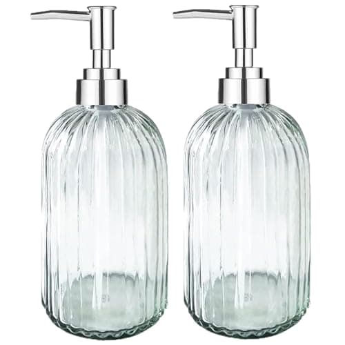 Image of VAKOWOO 2 Pack Glass Soap Dispenser with Pump, 400ml/14Oz Liquid Hand Soap Dispenser, Refillable Glass Bottle Hand Dish Soap Jar Dispensers for Bathroom, Countertop, Kitchen, Laundry Room, Transparent