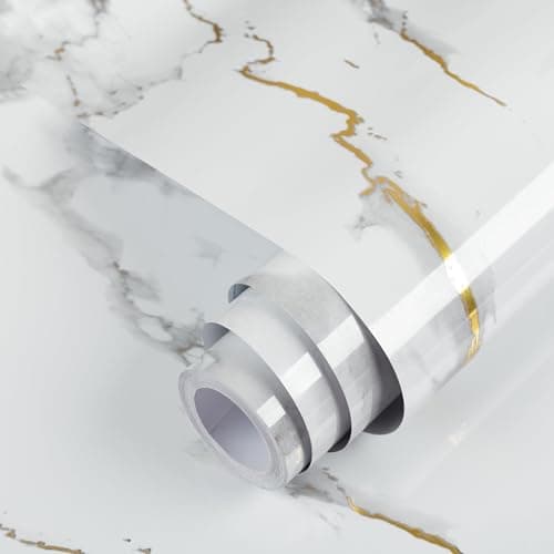 Image of Fiula White Gold Marble Peel and Stick Wallpaper, Self Adhesive Vinyl Wrap 45cm x 300cm, Waterproof Marble Effect Contact Paper for Kitchen Worktops, Cabinets & Bathroom