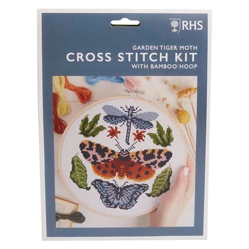 Image of RHS The Royal Horticultural Society Cross Stitch Kit, Tiger Moth Design, 8", Embroidery Kits For Adults, Cross Stitch Kits For Adults Beginners, Gift Idea, With Embroidery Patterns, Embroidery Set