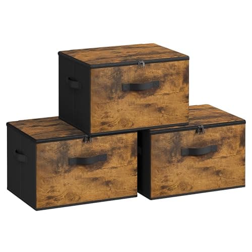 Image of SONGMICS Foldable Storage Organiser Boxes, Storage Basket Bins with Lids, Handles, Clothes Organiser, Non-Woven Fabric, Set of 3, 40 x 30 x 25 cm, Rustic Brown RYZ103B01