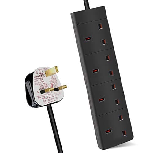Image of ExtraStar 4 Way Extension Lead, 13A Fused UK Plug Extension Socket, 1M Extension Cable Power Strip - Black