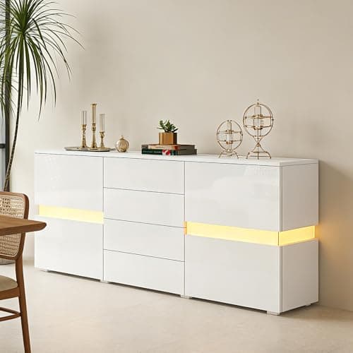Image of Senvoziii LED Sideboard Storage Cabinet Cupboard Unit 2 Doors 4 Drawers High Gloss TV Stand Unit for Dining Room Living Room Kitchen
