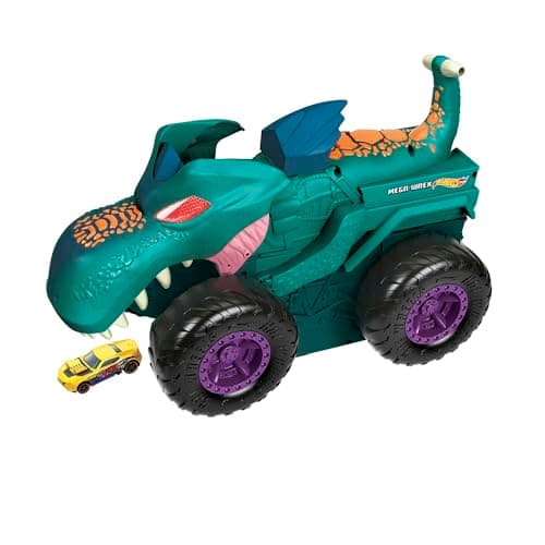 Image of Hot Wheels Monster Trucks, Car Chompin' Mega Wrex, Eats and Dumps Cars, Lights and Sounds, Includes 1 Toy Car in 1:64 Scale, Toys for Ages 4 and Up, One Pack, GYL13
