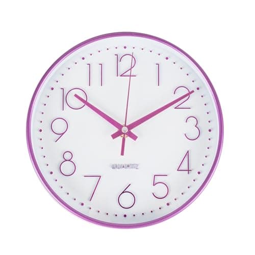 Image of SURPN Wall Clock, Silent Non Ticking, 8 Inch Small Wall Clocks, Battery Operated Decorative Modern Round Wall Clock for Office, Home, Bathroom, Kitchen, Bedroom, School, Living Room - Purple