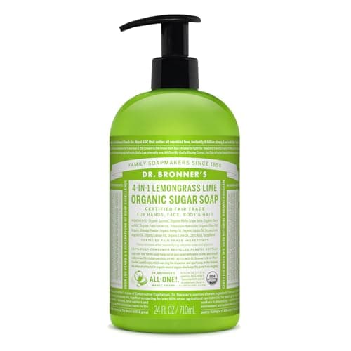 Image of Dr Bronner's 4-in1 Organic Sugar, Lemongrass & Lime Pump Soap, Made with Organic Ingredients, Used for Hands, Body, Face and Hair, Certified Fair Trade & Vegan Friendly, 710ml Recycled Bottle