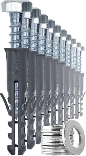 Image of 1STec 10 x M10 x 50 mm Strong Galvanised Satellite Anchor Nylon Mungo Wall Plug + Heavy Duty Coach Screw with 13mm HEX Bolt Head for Fixing Aerial Mast Sky Dishes TV Mount Brackets Shelving Racking