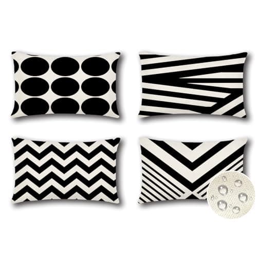 Image of JOTOM Set of 4 Waterproof Outdoor Cushion Covers 30x50 cm Decorative Throw Pillow Covers 12x20 Inch Modern Geometric Decor Cushion Cases for Patio Garden Porch Bench Sofa Indoor Bed (Black)