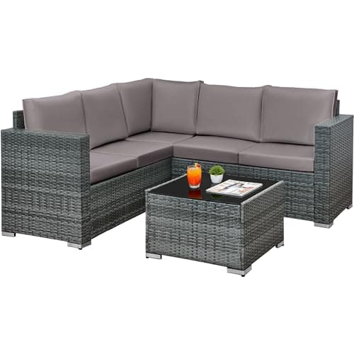 Image of rattanstar 5 Seater Rattan Garden Furniture Sets, Outdoor L-Shaped Patio Furniture Set with Garden Sofa and Glass Table (Mixed Grey Wicker + Medium Gray Cushions (5 Seater))