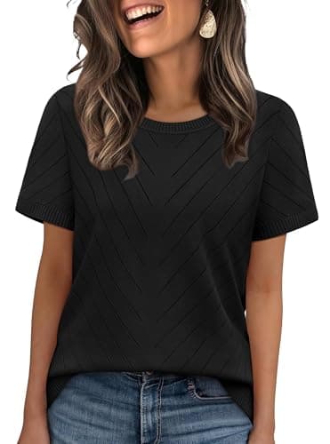 Image of WIHOLL Ladies Tops Short Sleeve Jumpers for Women UK Crew Neck Womens Sweaters Knitted Tunic Black Size 14-16