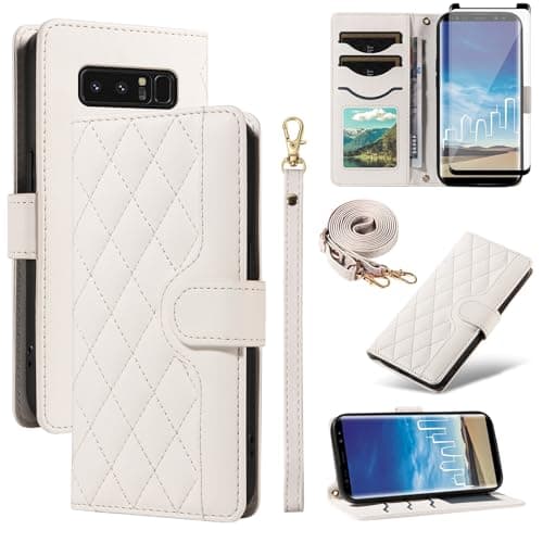 Image of Asuwish Phone Case for Samsung Galaxy Note 8 Wallet Cover with Tempered Glass Screen Protector and Wrist Strap Lanyard Card Holder Slot Stand Cell Accessories Note8 Not S8 Gaxaly Women Men White