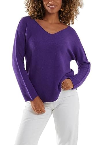 Image of STAR FASHION Womens V-Neck Soft Knit Jumper with Raw Edge Sweatshirt Ladies Long Sleeve Knitted Sweater Pullover Winter Purple