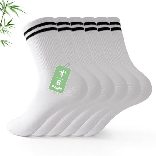 Image of FALARY White Socks Women 6-8 Bamboo Crew Sports Running Socks Mens 6-11 Striped Anti Blister Soft Camfortable 6 Pairs Mid-Calf Fashion for Skateboarding Tennis Gym Athletic