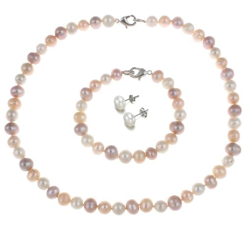 Image of Treasure Bay Women’s Multicolour Freshwater Pearl Necklace, Bracelet, and Earrings Set | Handmade 8-9mm Real Pearl Jewelry Gift Set