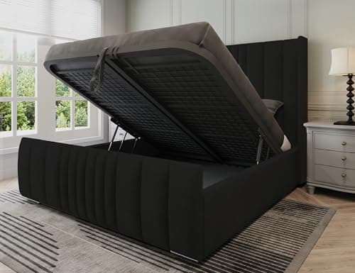 Image of Furnishion Manhattan Small Double Bed with Storage, Plush Velvet Small Double Bed Ottoman 4ft with Gas Lift, Heavy-Duty Metal Mesh Base & Panelled Headboard, Space Saving Storage Beds in Black Plush
