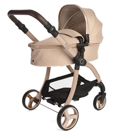 Image of Roma Egg - Feather Dolls Pram and Pushchair, 2-in-1 Seat Unit/Carry Cot, Adjustable Handle 60-78cm, Lightweight, Suitable for Dolls Up to 57cm, Cocoa Leatherette, Gloss Chassis