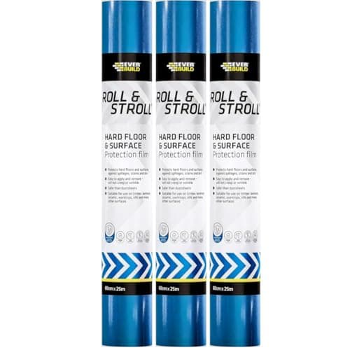 Image of Buildware 3x Roll & Stroll Hard Surface Protector – Self-Adhesive, Waterproof, Transparent Blue, 600mm x 25m