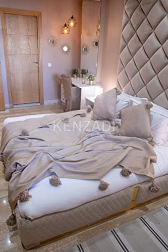 Image of KENZADI Moroccan Handmade Pompom Blanket, Throw Blanket, Pom Pom Blanket, Boho Blanket, Bed Cover, Warm Blanket, Cozy Blanket (Brown with pom Brown, King (U.S. Standard))