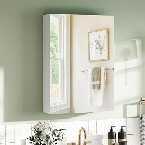 Image of BELIWIN Bathroom Wall-Mounted Mirror Cabinet White, Small Single Mirrored Door Storage Cupboard, Adjustable Height Shelves Storage Unit (50 x 70 x 15 cm)
