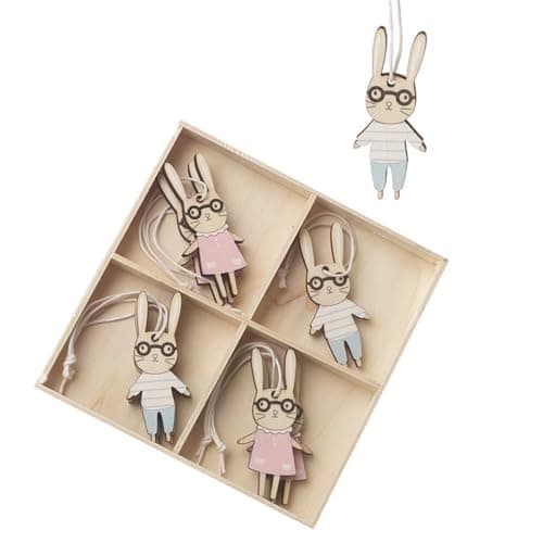 Image of Heaven Sends Set of 8 Wooden Rabbits in Glasses Easter Decorations